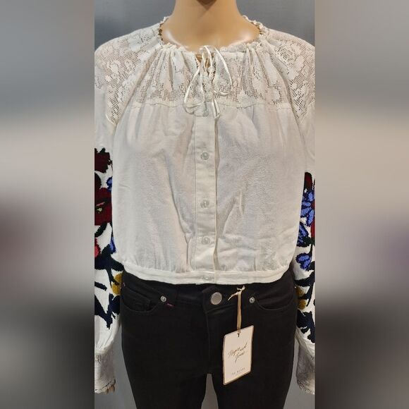 Nwt Free People Meadows Womens embroidered cropped cotton blouse Sz L - Picture 5 of 14